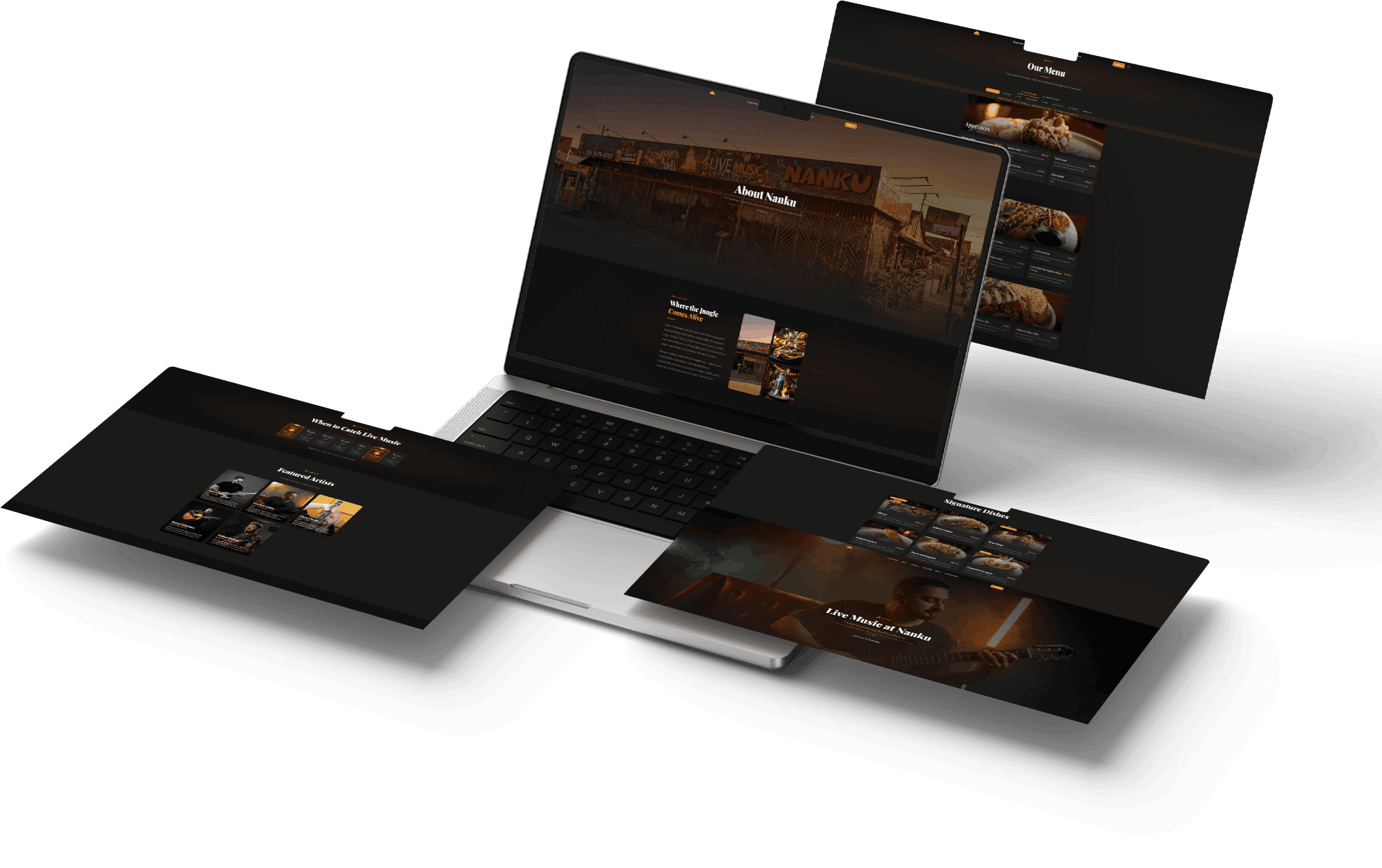 Laptop with the About Nanku page, surrounded by other pages of the site