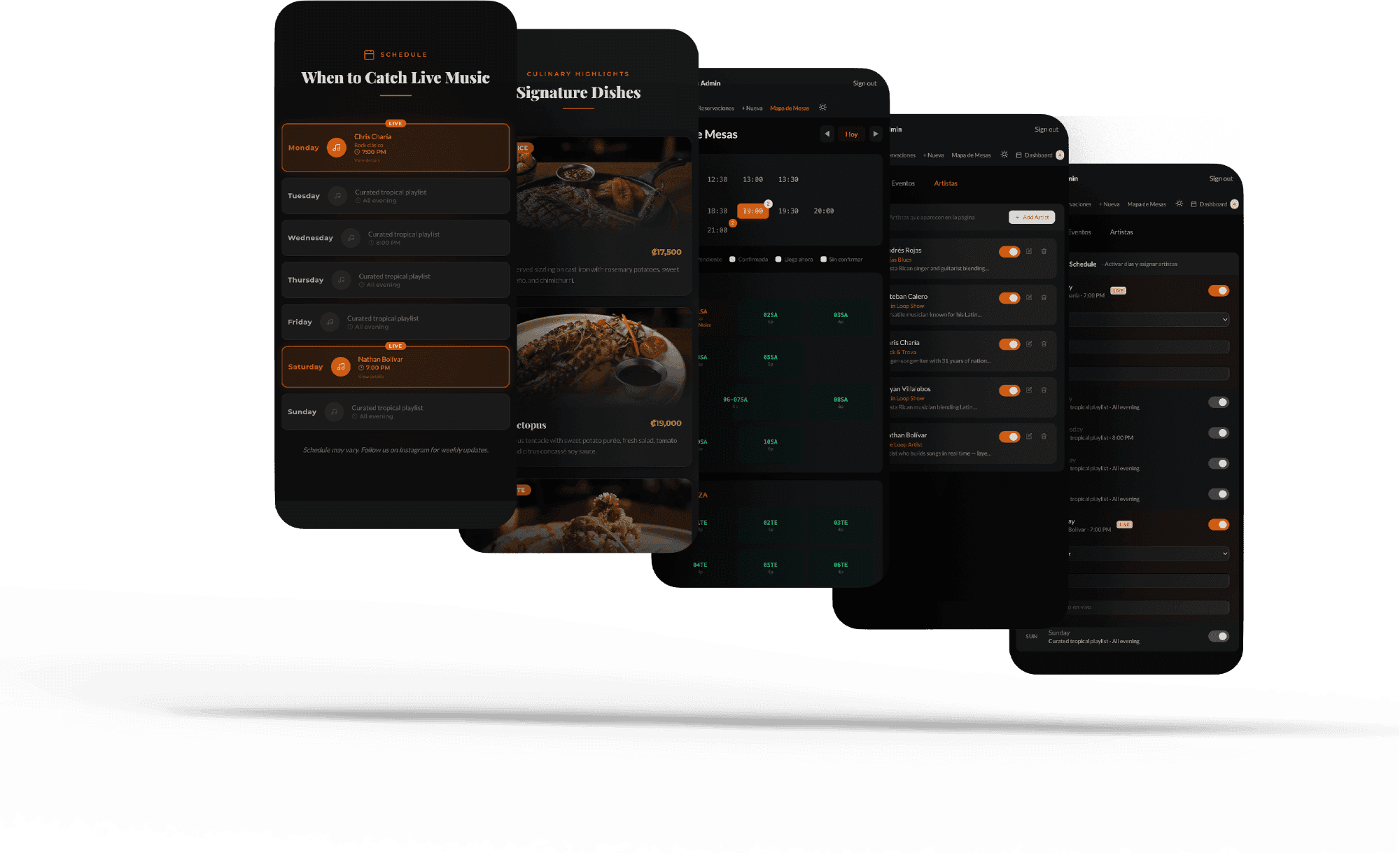 Mobile screens of the Nanku system: live music schedule, dishes, and the reservations panel
