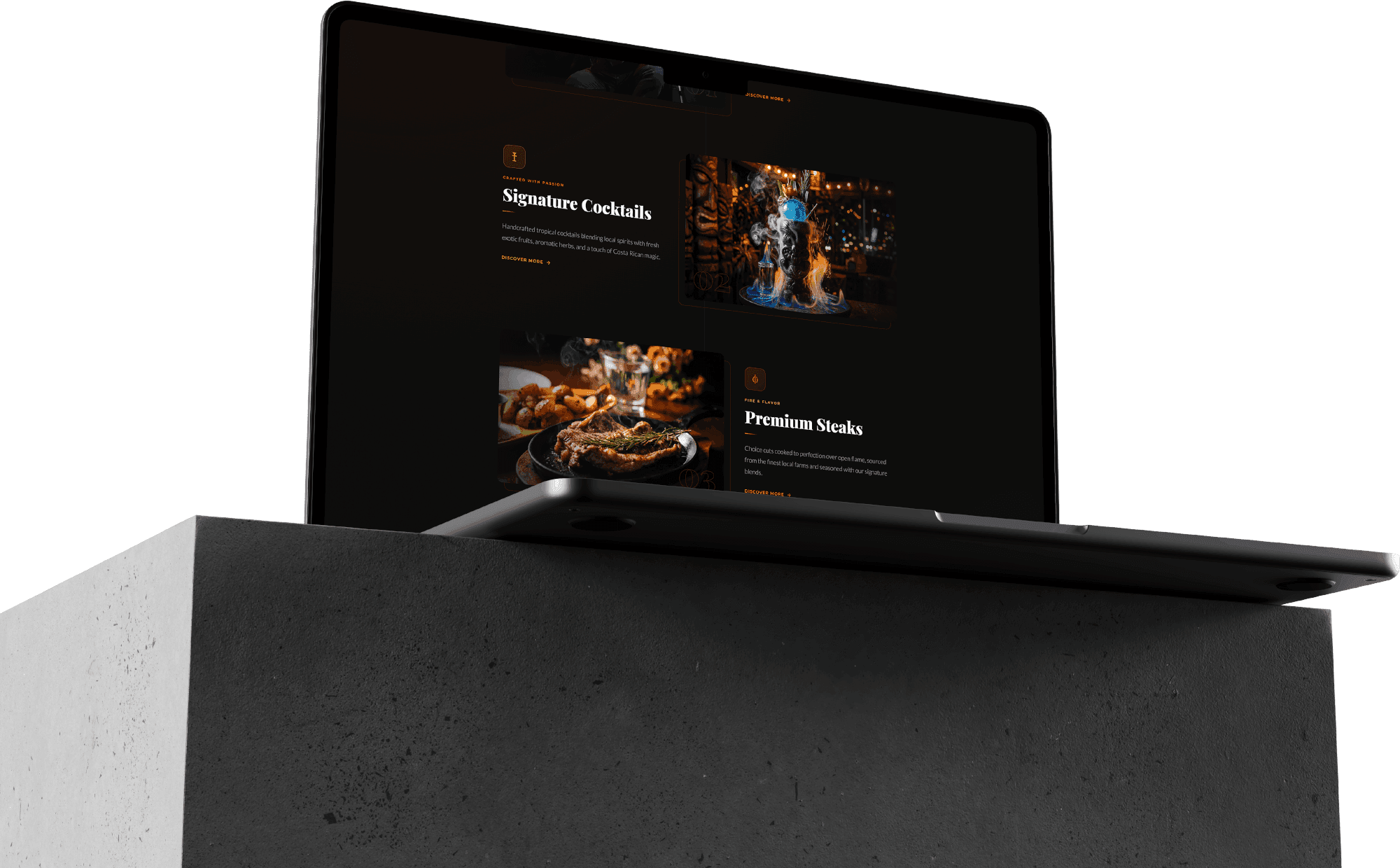 Laptop showing the signature cocktails and premium steaks sections of the Nanku site